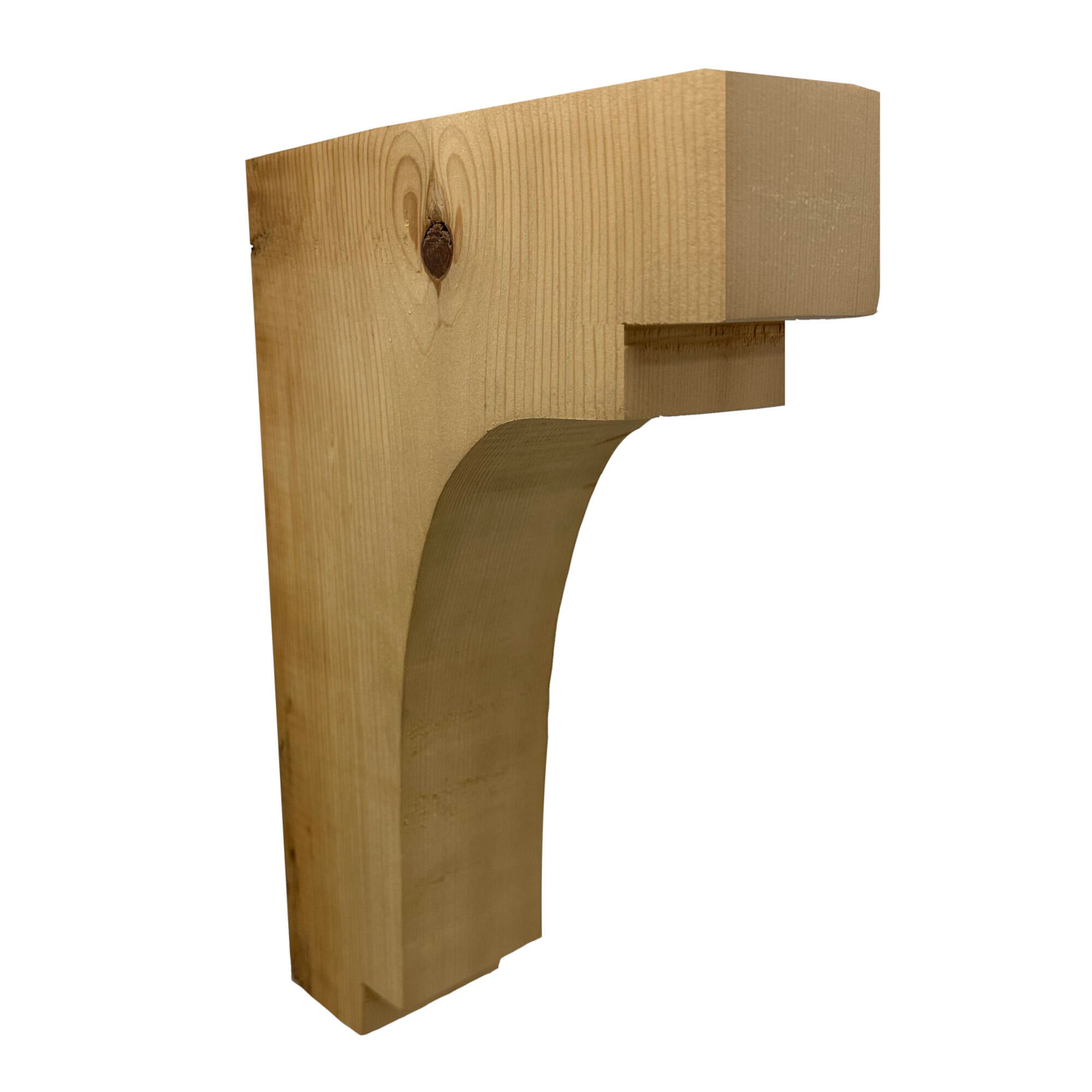 decorative corbel made from reclaimed barnwood. Wood grain and knots are displayed on the side and corbel shown in a decorative profile. There is one large step at the top of the corbel with a smaller one below before the arch and a small step at the bottom.