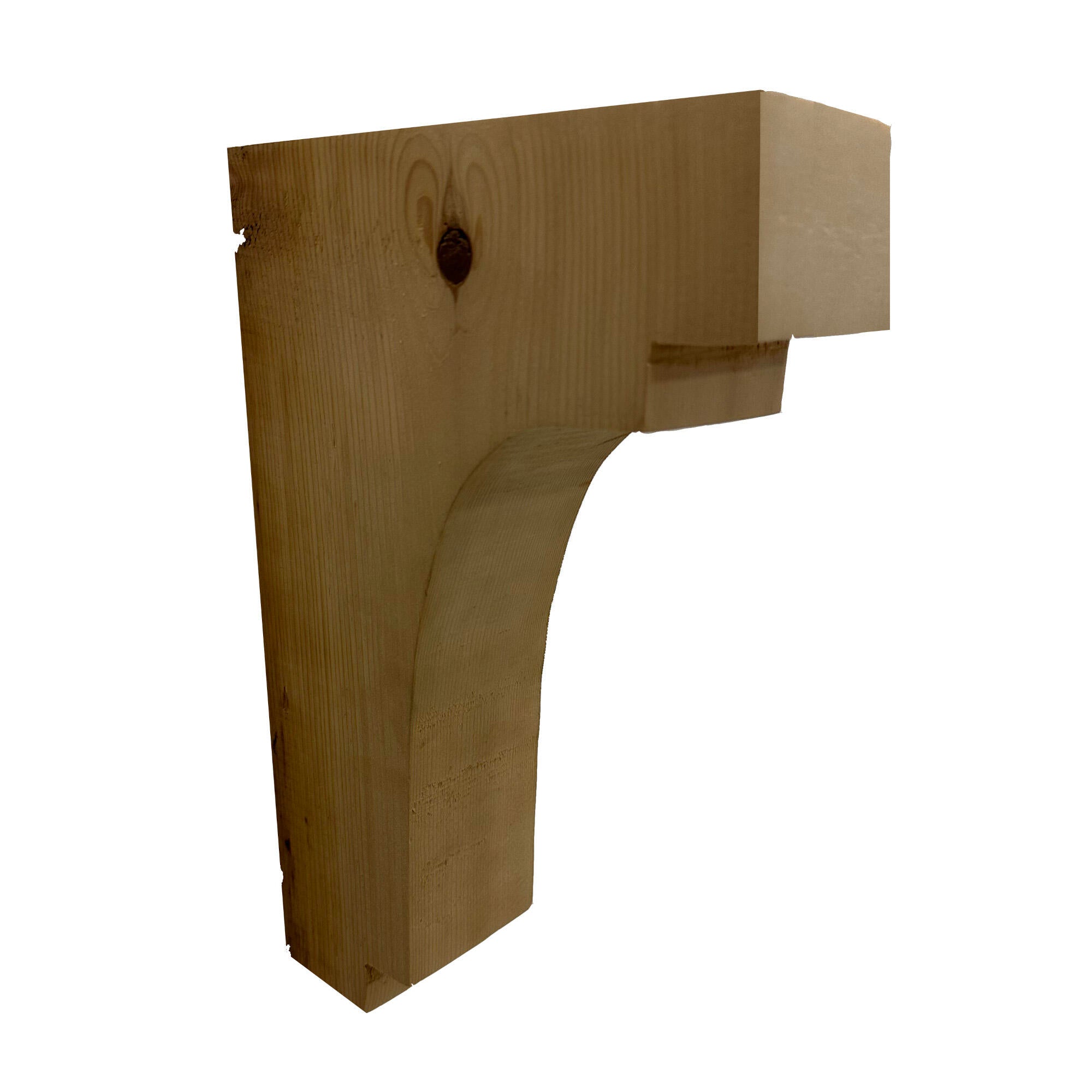 decorative corbel made from reclaimed barnwood. Wood grain and knots are displayed on the side and corbel shown in a decorative profile. There is one large step at the top of the corbel with a smaller one below before the arch and a small step at the bottom.