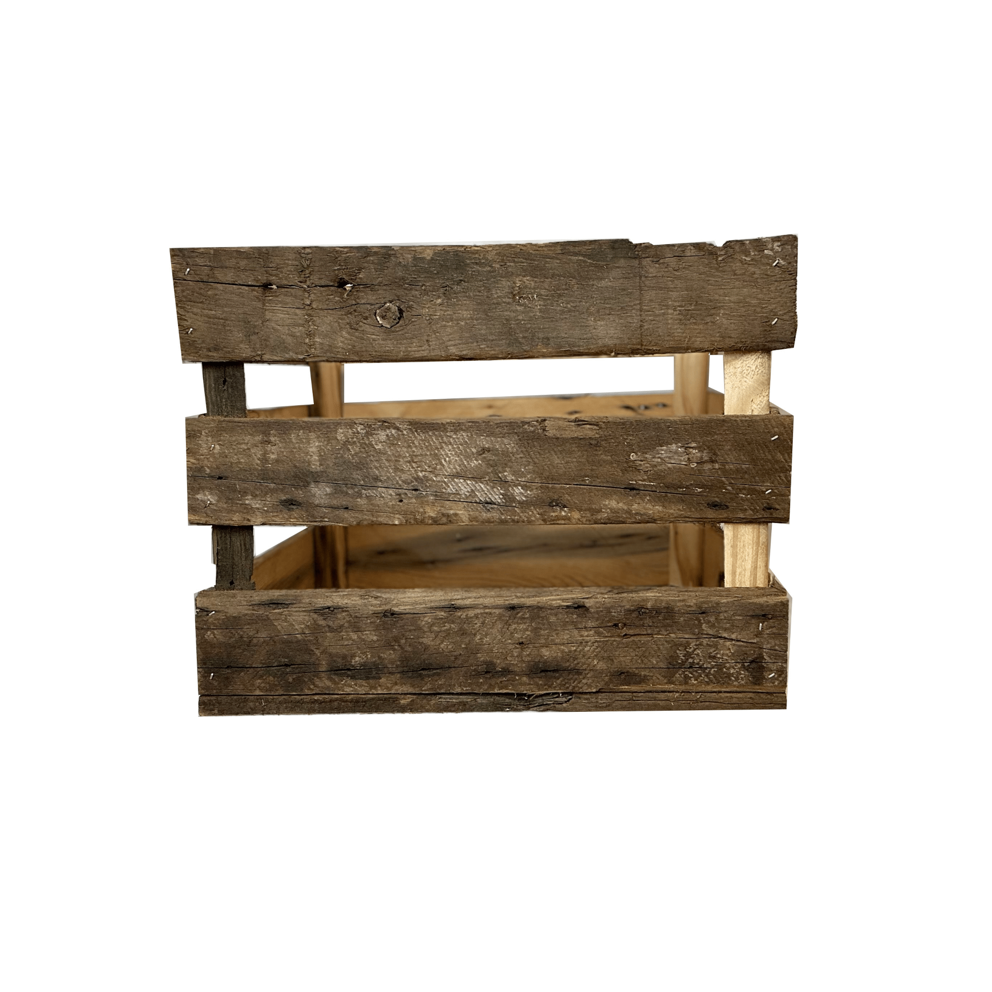 reclaimed wood crate with spaces in between the slats. There are three slats with an equal space in between. Wood displays distressed characteristics.