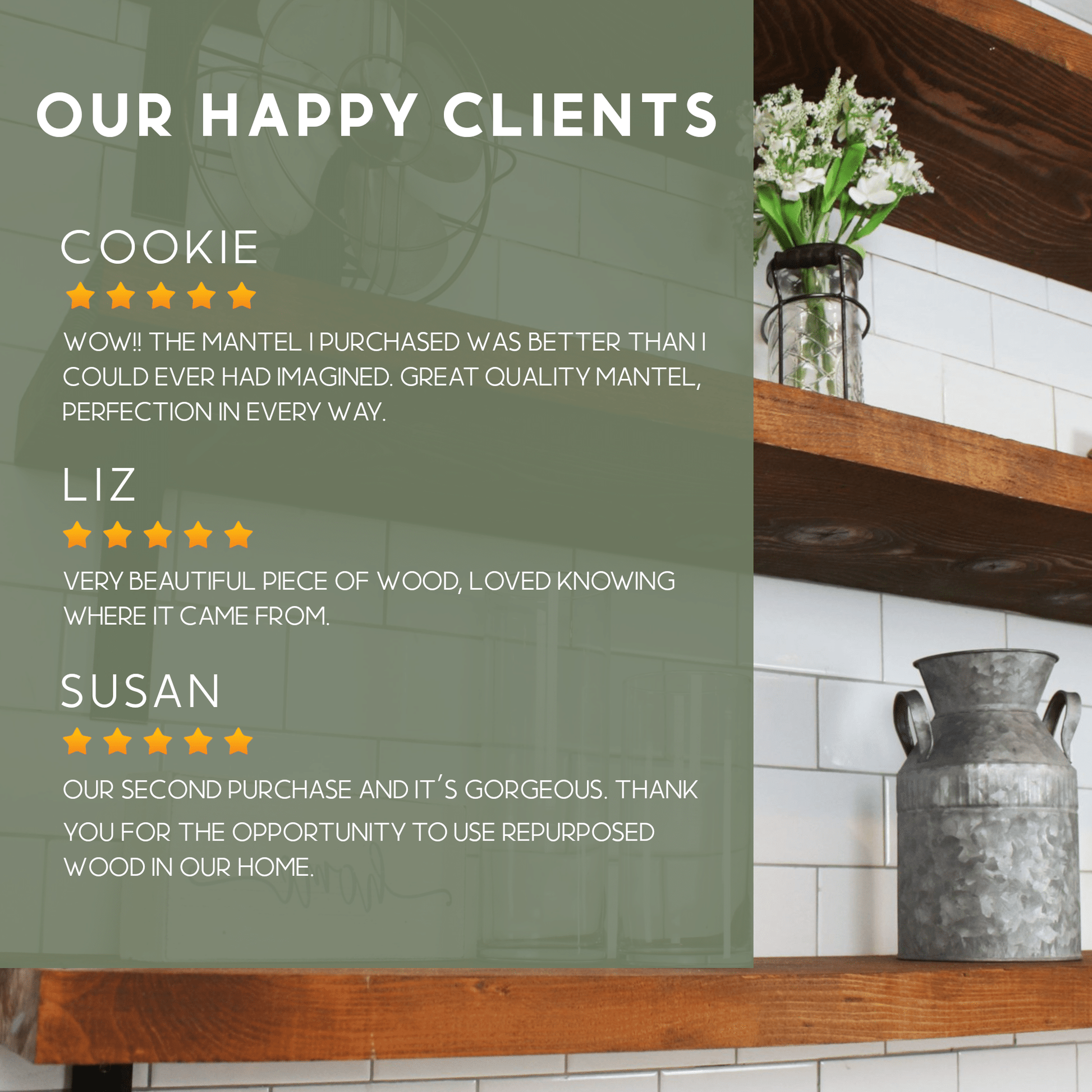 a graphic showing five star reviews and comments from our customers.
