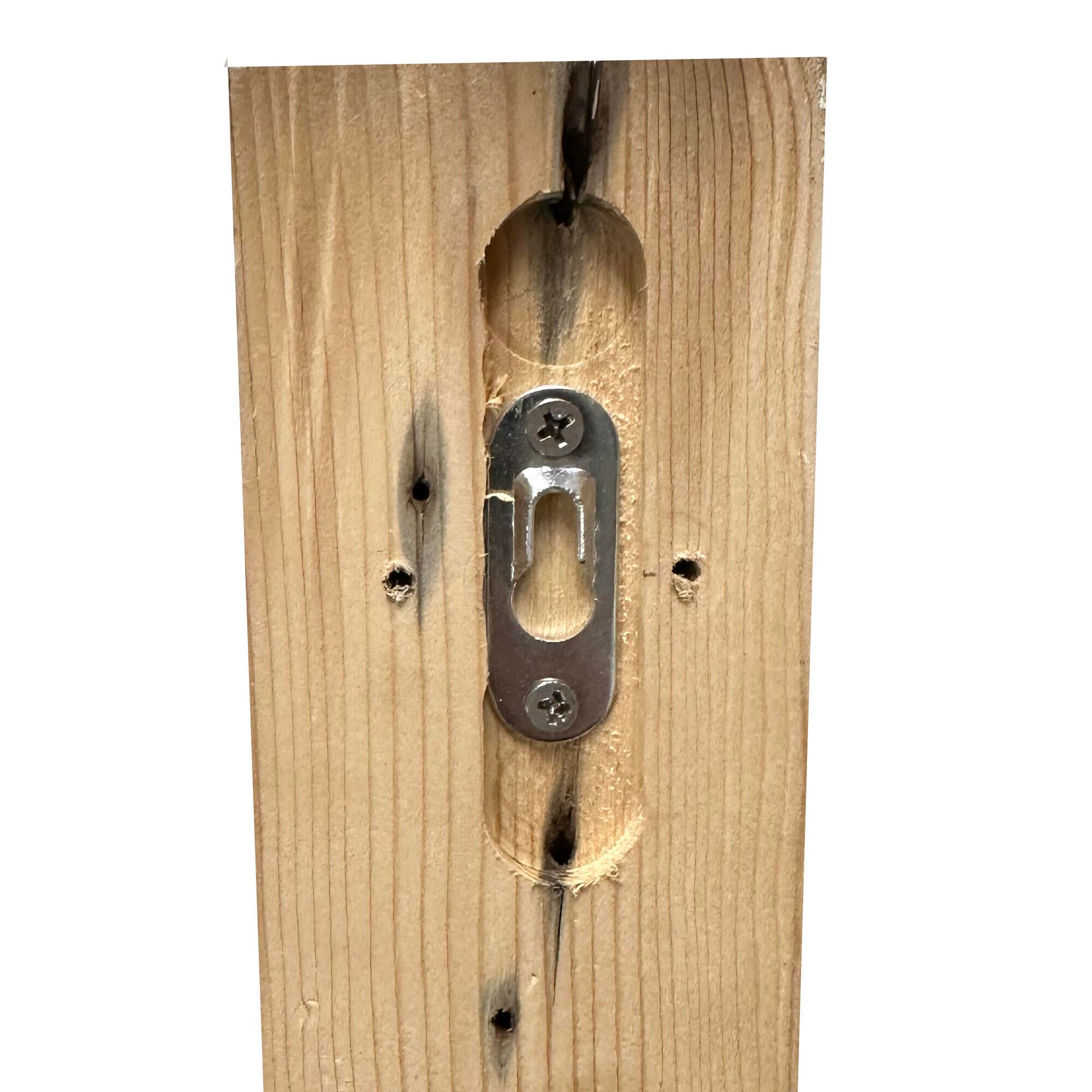 back of the corbel showing the routed out channel and keyhole slot hardware for mounting.