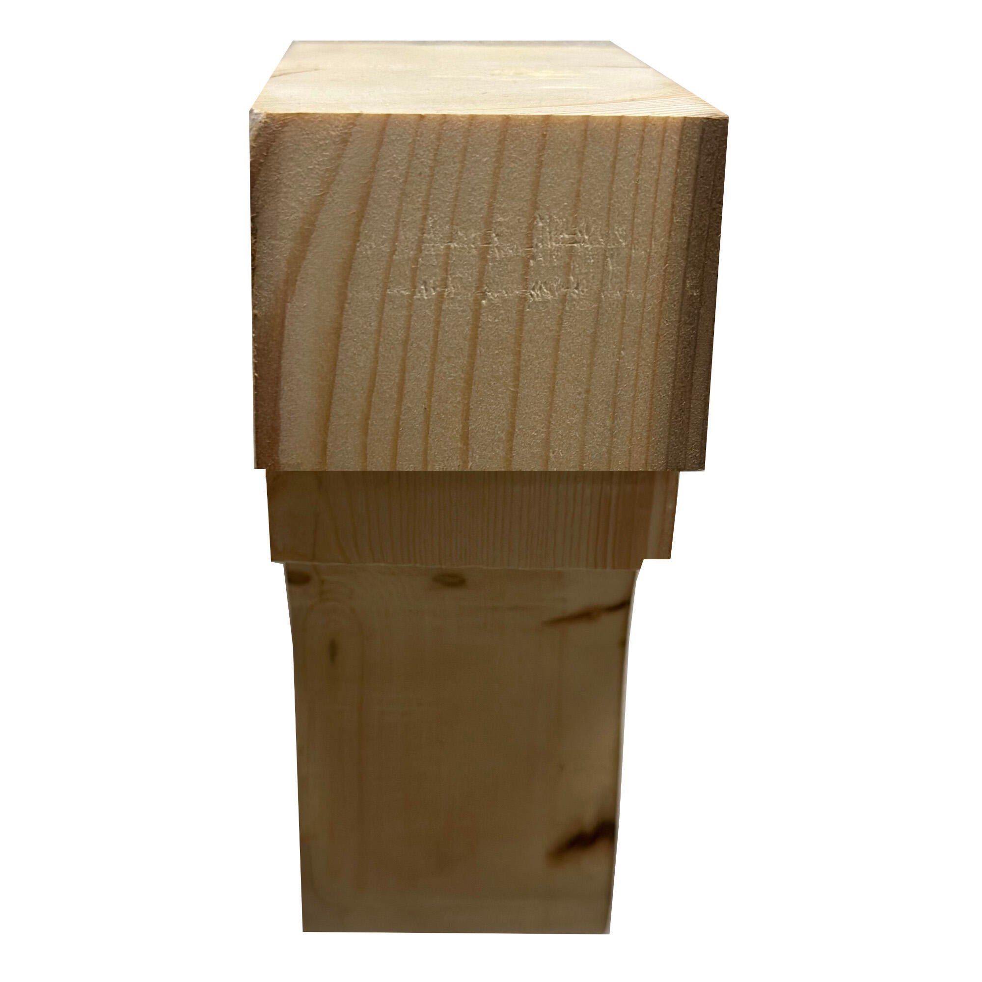 front view of the corbel showing the larger and smaller step along with the arch. Grain patterns are displayed in the wood.