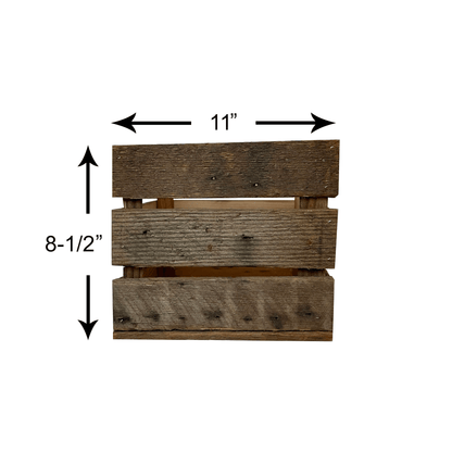 reclaimed wood crate with spaces in between the slats. There are three slats with an equal space in between. Wood displays distressed characteristics. Text reads eleven inches wide and eight and a half inches high.