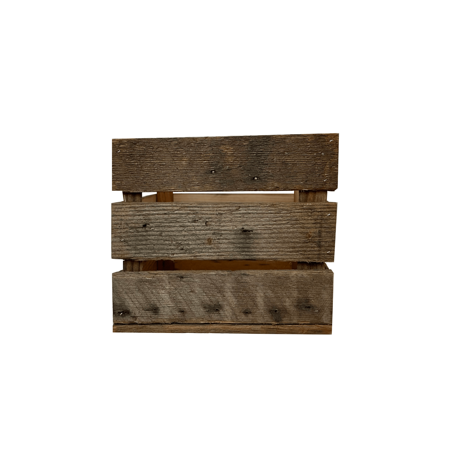 reclaimed wood crate with spaces in between the slats. There are three slats with an equal space in between. Wood displays distressed characteristics.