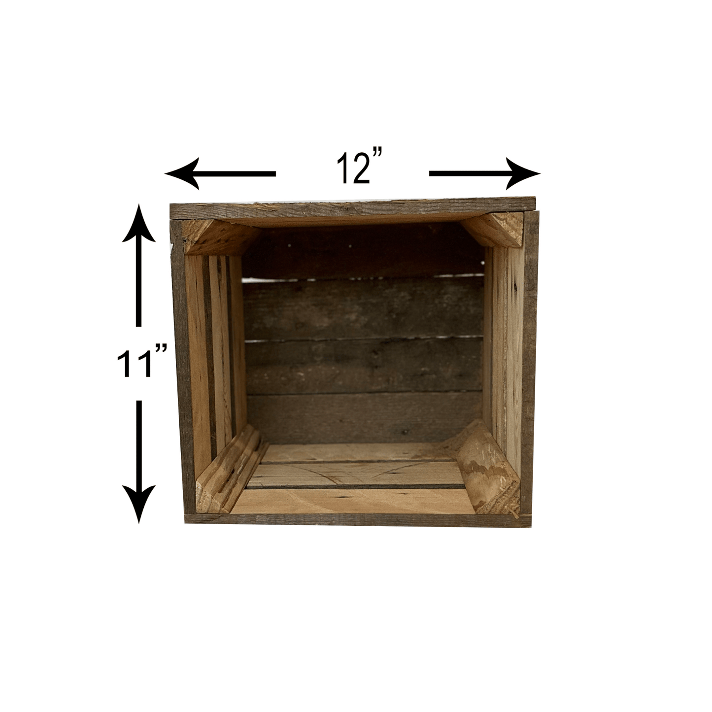 inside of the reclaimed wood crate showing corner supports and variance in wood. There are four slats across the bottom with a small space in between. Text reads twelve inches wide by eleven inches long.