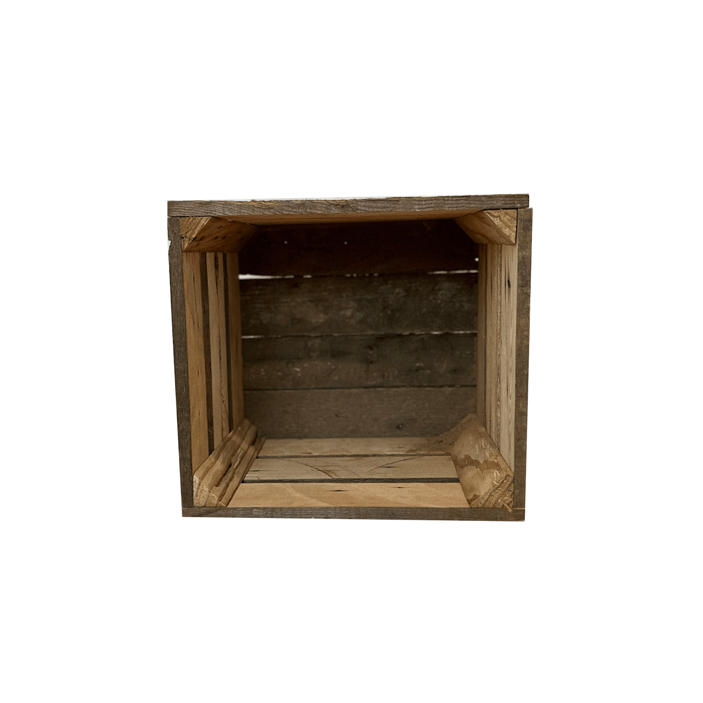 inside of the reclaimed wood crate showing corner supports and variance in wood. There are four slats across the bottom with a small space in between.