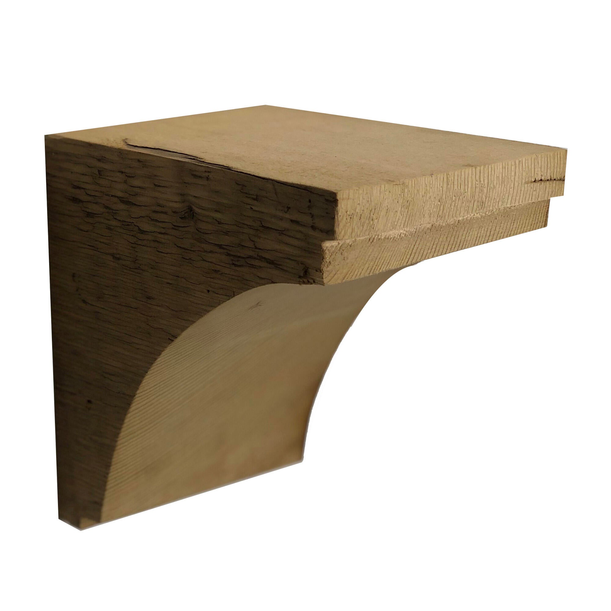 decorative corbel made from reclaimed barnwood. Wood grain displayed on the side and corbel shown in a decorative profile. There is one small step at the top of the corbel before the arch and another small step at the bottom.