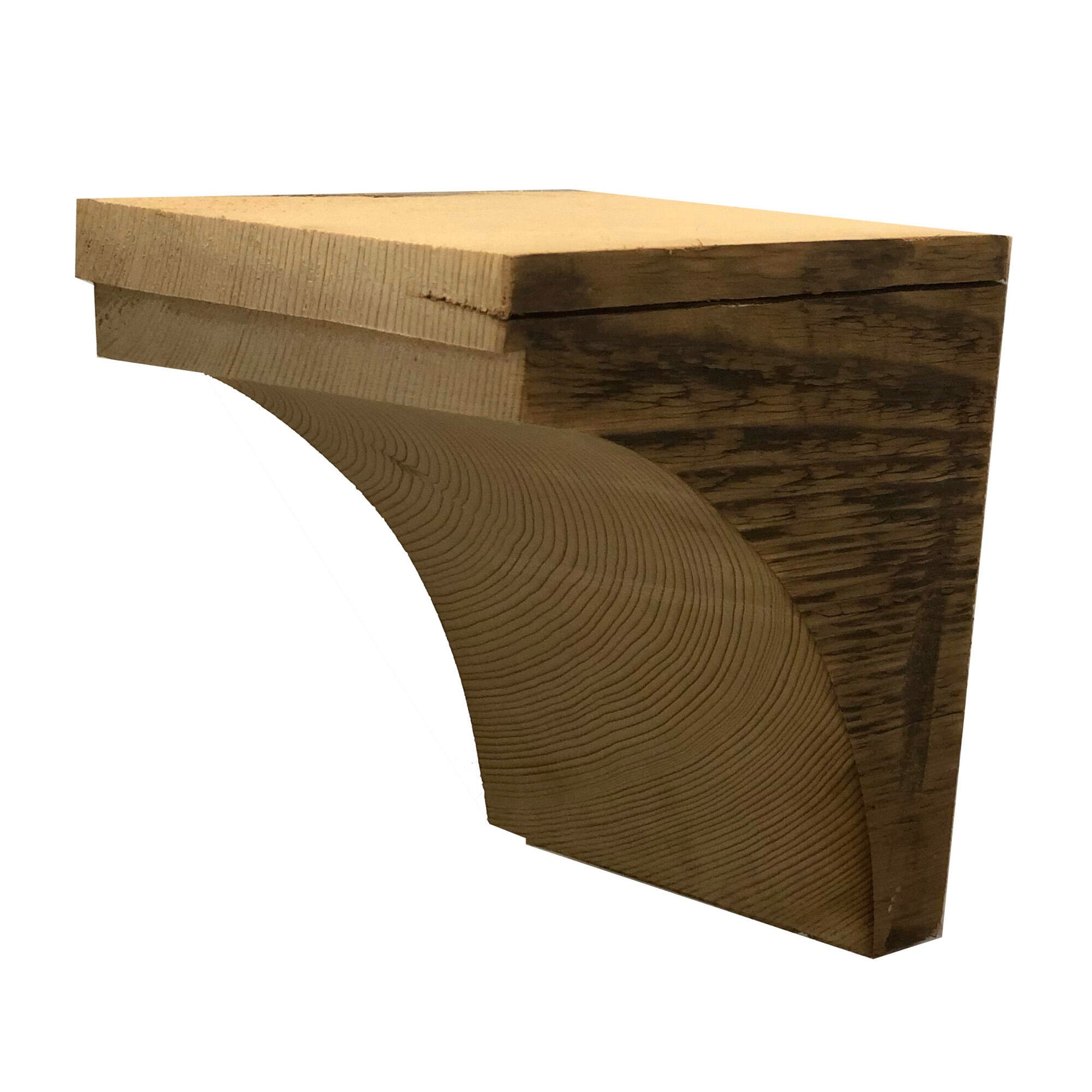 decorative corbel made from reclaimed barnwood. Wood grain displayed on the side and corbel shown in a decorative profile. There is one small step at the top of the corbel before the arch and another small step at the bottom.