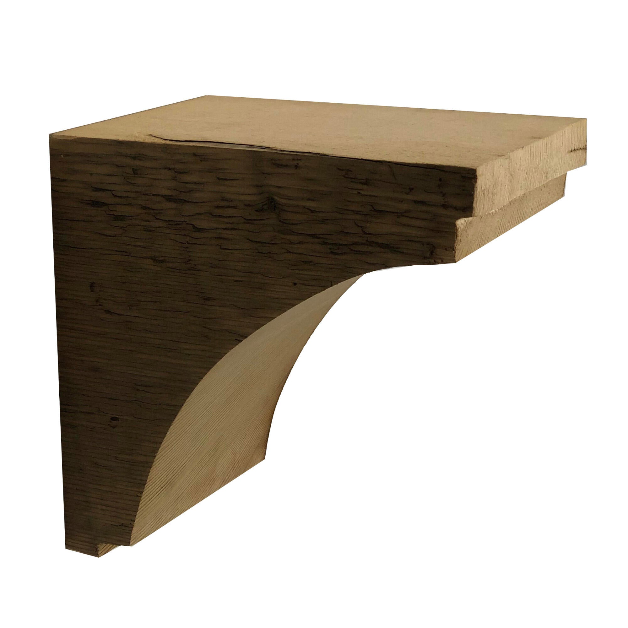 decorative corbel made from reclaimed barnwood. Wood grain displayed on the side and corbel shown in a decorative profile. There is one small step at the top of the corbel before the arch and another small step at the bottom.