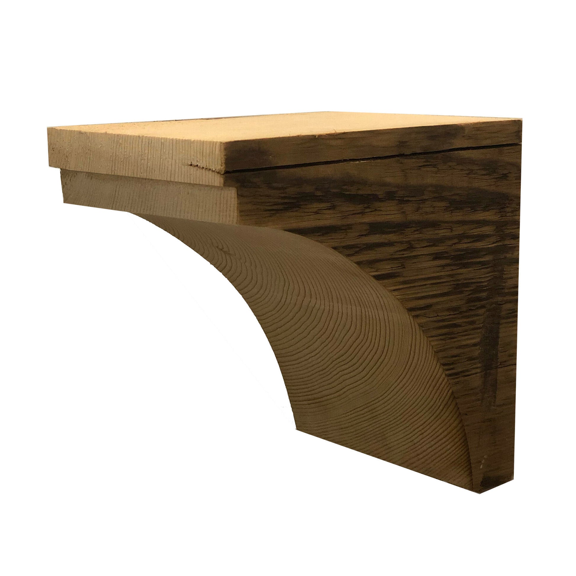 decorative corbel made from reclaimed barnwood. Wood grain displayed on the side and corbel shown in a decorative profile. There is one small step at the top of the corbel before the arch.